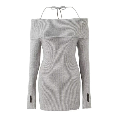 Off Shoulder Knitted Sling Dress Women Early Spring Inner Wear Bottoming Waist Tight Sexy Hip Dress by Ragazza