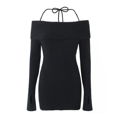 Off Shoulder Knitted Sling Dress Women Early Spring Inner Wear Bottoming Waist Tight Sexy Hip Dress by Ragazza