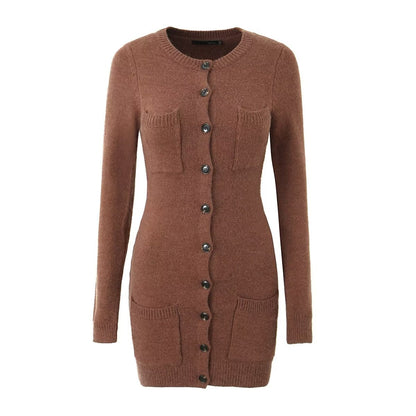 Knitted Long Sleeve Button Slim Fit Dress Sexy Slimming Hip Autumn Winter Black Knitted Women Clothing Dress by Ragazza