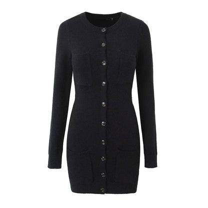 Knitted Long Sleeve Button Slim Fit Dress Sexy Slimming Hip Autumn Winter Black Knitted Women Clothing Dress by Ragazza