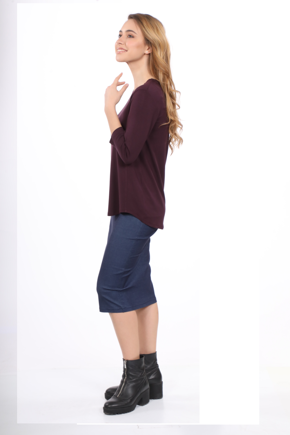 3/4 Sleeve Curved Hem Tunic Top - Breathable Viscose Spandex by Kosher Casual USA
