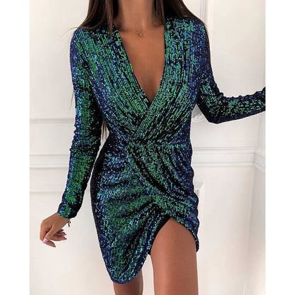 Women Beaded Dress Long Sleeve V-neck Mini Dress