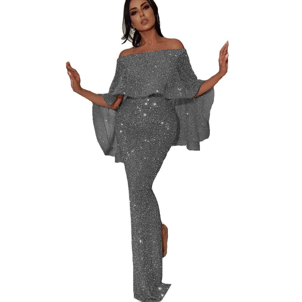 Back Big Ruffled Wrapped Chest off-Shoulder Dress Blingbling Sheath Slit Evening Dress by Ragazza