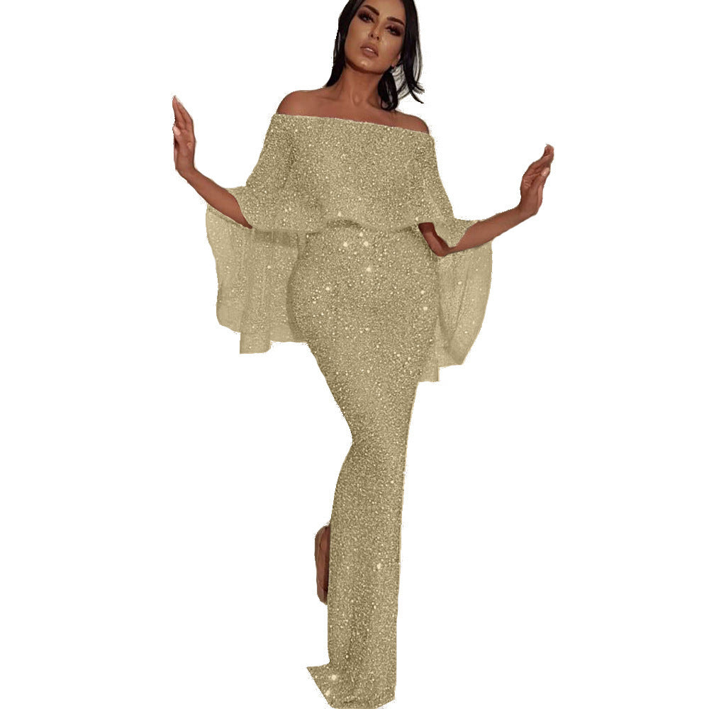 Back Big Ruffled Wrapped Chest off-Shoulder Dress Blingbling Sheath Slit Evening Dress by Ragazza