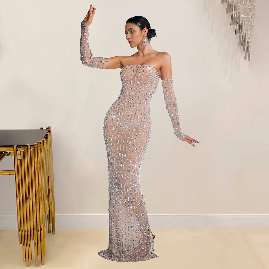 Women Wear Drilling One Line Long Maxi Dress by Ragazza