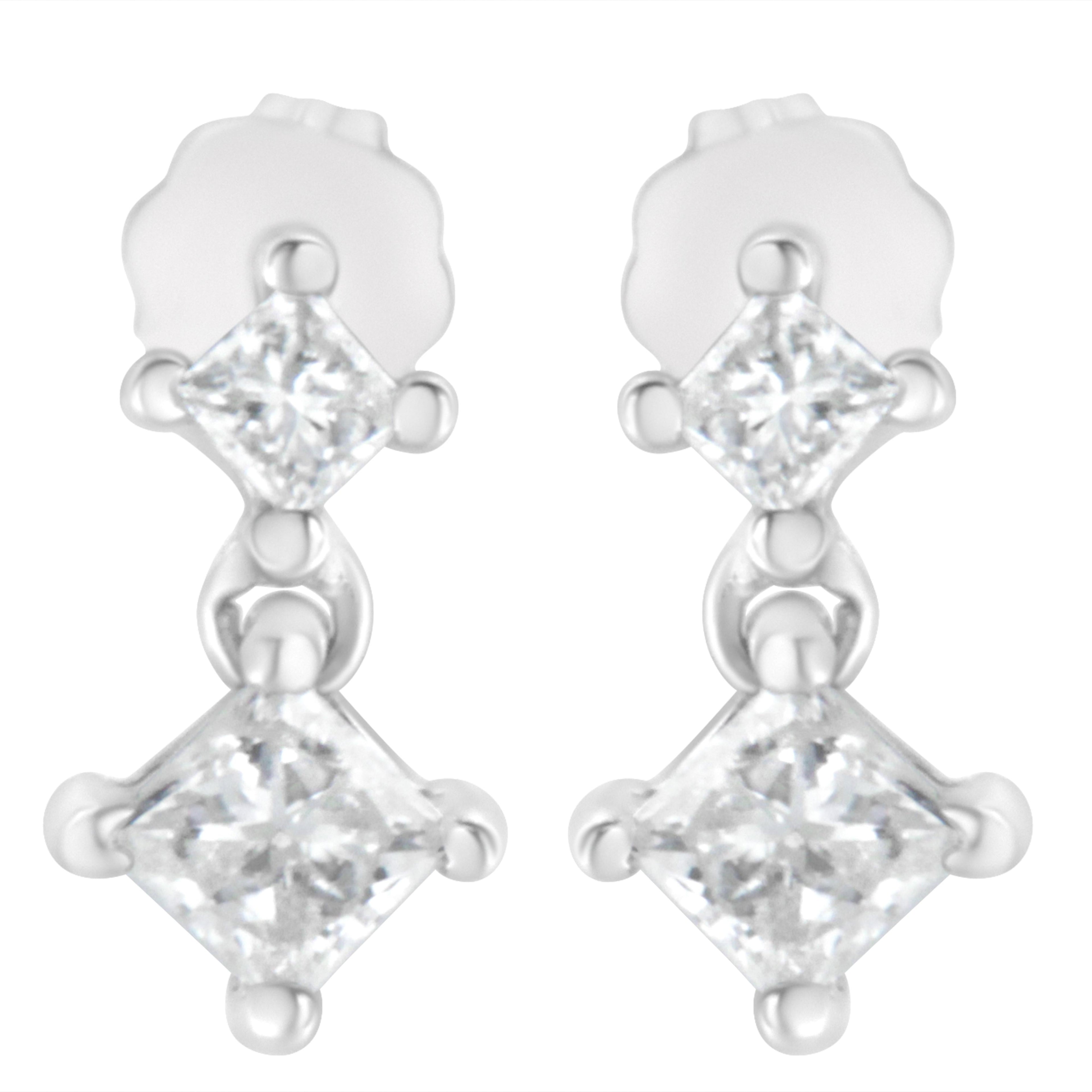 14K White Gold 3/4 cttw Double Diamond Princess-Cut Stud Earrings (I-J Clarity, I2-I3 Color) by Bids.com