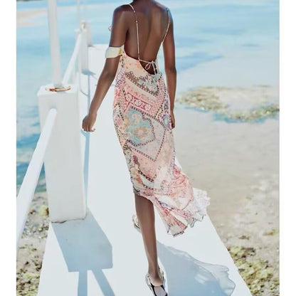 Women Backless Printing Color Contrast Loose Sling Dress by Ragazza