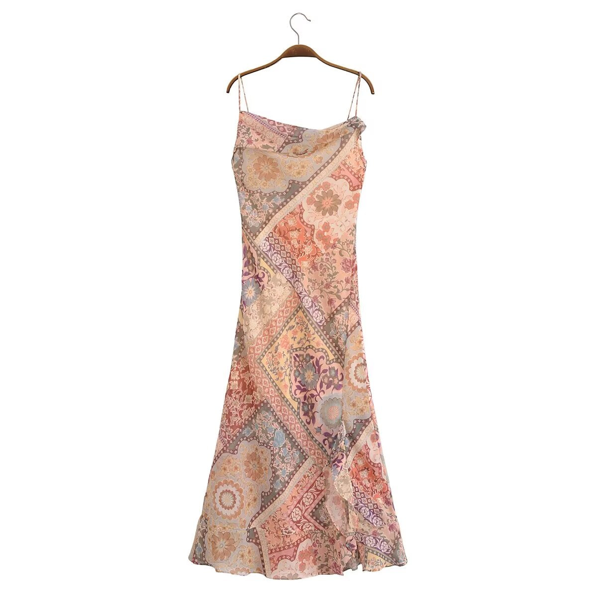 Women Backless Printing Color Contrast Loose Sling Dress by Ragazza