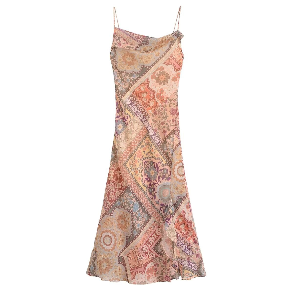 Women Backless Printing Color Contrast Loose Sling Dress by Ragazza