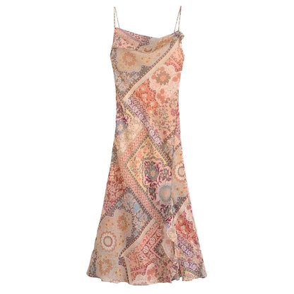 Women Backless Printing Color Contrast Loose Sling Dress by Ragazza