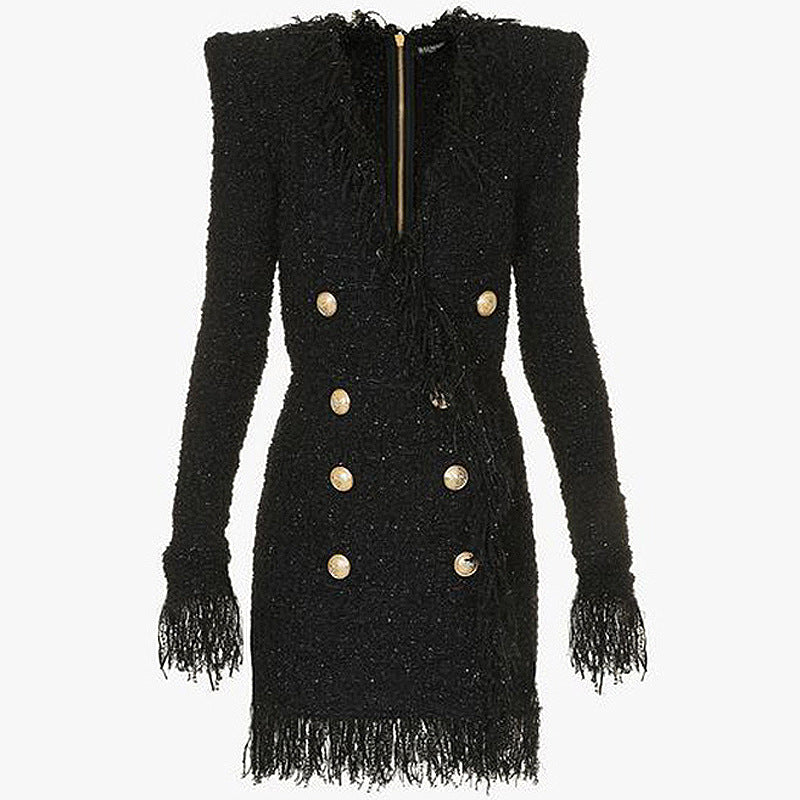 Bright Silk Woolen Tassel Double Breasted V neck Long-Sleeved Slim Fit Short Dress Coat by Ragazza