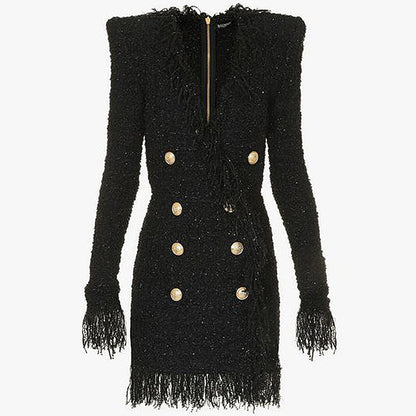 Bright Silk Woolen Tassel Double Breasted V neck Long-Sleeved Slim Fit Short Dress Coat by Ragazza