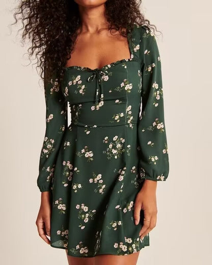 Summer Sexy Printed Pleated Lace Lantern Sleeve Dress by Ragazza