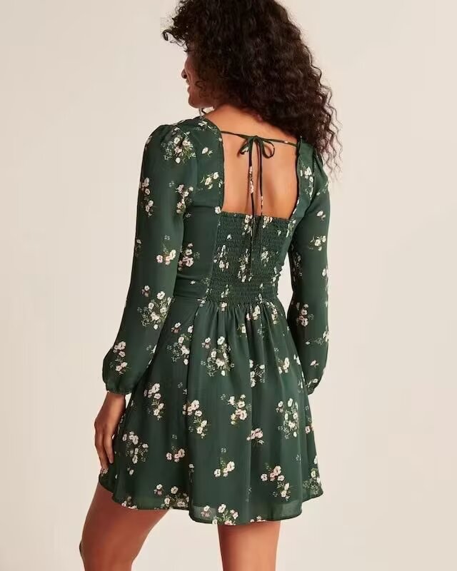 Summer Sexy Printed Pleated Lace Lantern Sleeve Dress by Ragazza