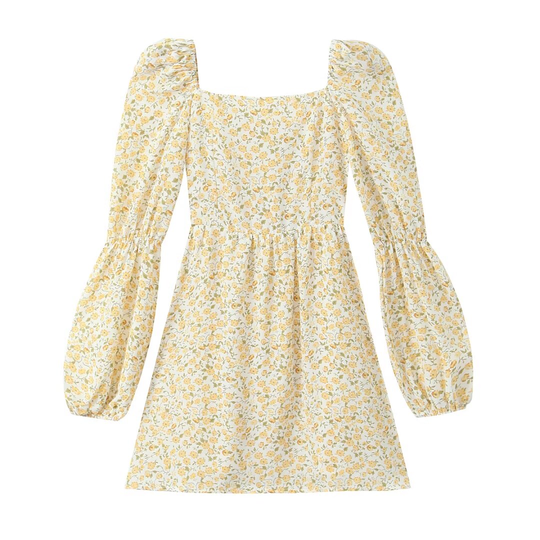 Fresh Dress Women Autumn Sweet Printed Square Collar French Long Sleeve High Sense Short  DestGlow