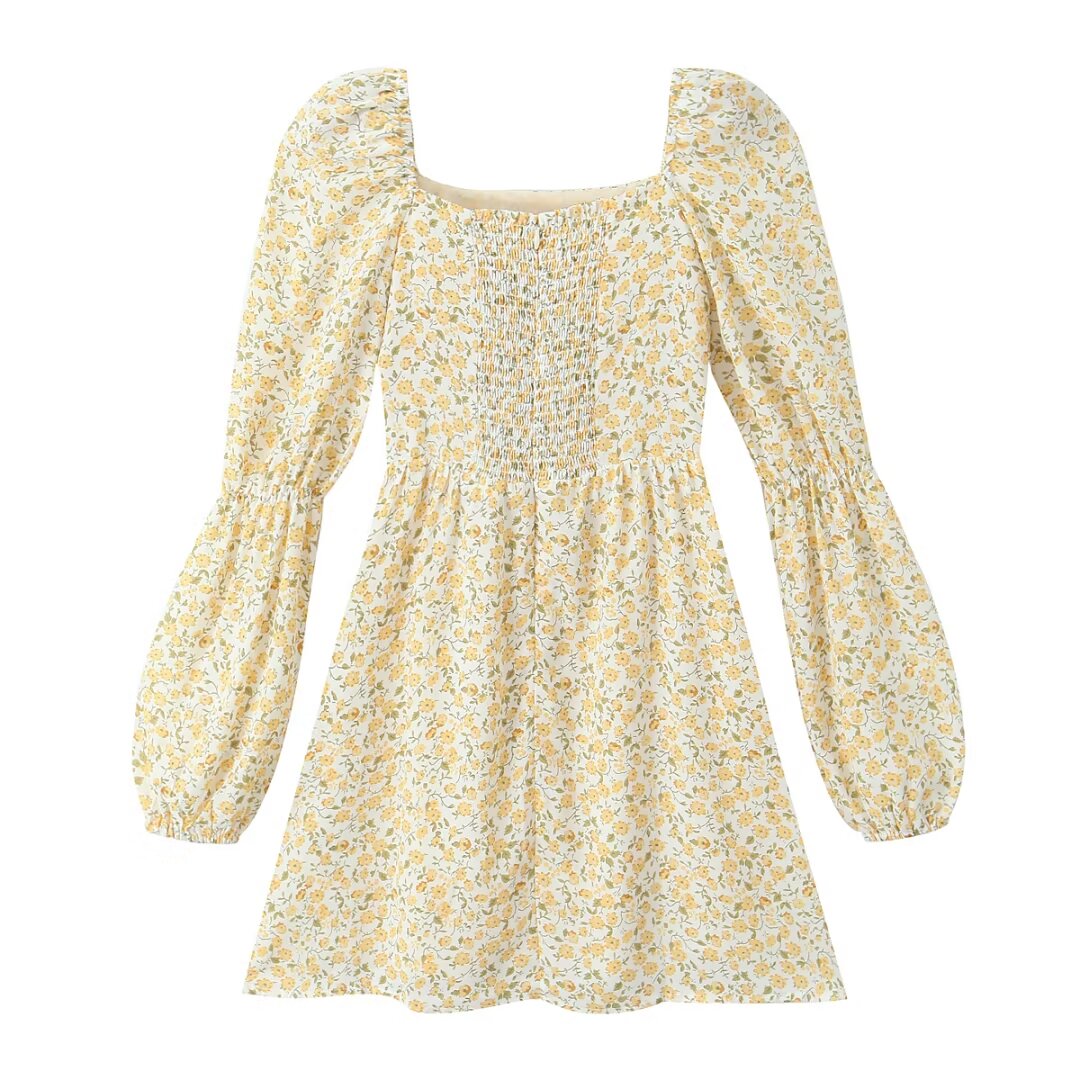 Fresh Dress Women Autumn Sweet Printed Square Collar French Long Sleeve High Sense Short  DestGlow
