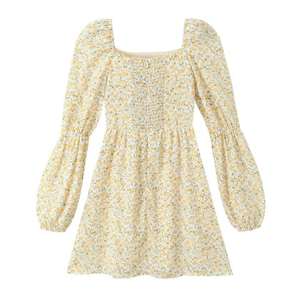 Fresh Dress Women Autumn Sweet Printed Square Collar French Long Sleeve High Sense Short  DestGlow