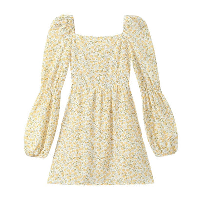 Fresh Dress Women Autumn Sweet Printed Square Collar French Long Sleeve High Sense Short  DestGlow