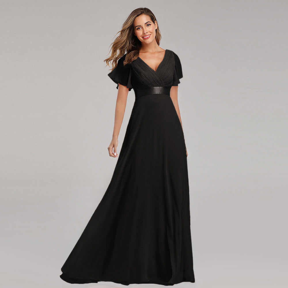 Hand-Folded Large V-neck Dress Chiffon Elastic Banquet Bridesmaid Evening Dress for Women by Ragazza
