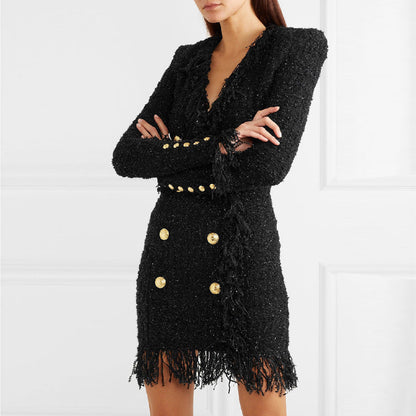 Bright Silk Woolen Tassel Double Breasted V neck Long-Sleeved Slim Fit Short Dress Coat by Ragazza