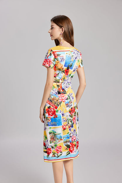 Summer Rose Puzzle Positioning Printed Waist Dress Slim fit Hip by Ragazza