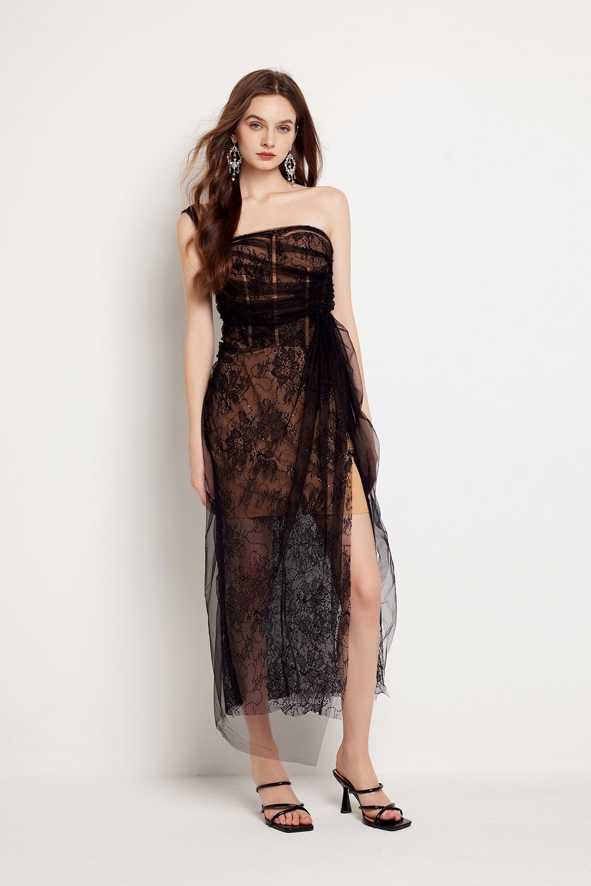 Women Summer Fishbone Lace Gauze Slit Slim Sexy Dress by Ragazza