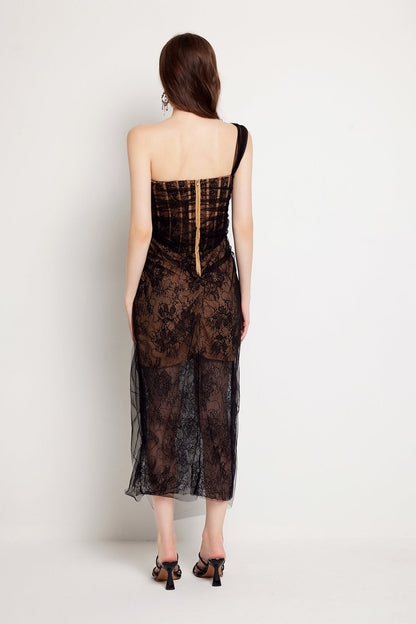Women Summer Fishbone Lace Gauze Slit Slim Sexy Dress by Ragazza