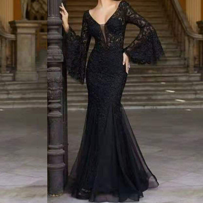 Arrival Women Clothing Dress Lace Embroidered Fishtail Black Slim Fit Evening Dress by Ragazza
