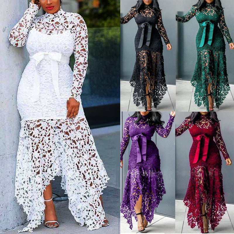 Women Clothing Wish Lace Hollow Out Cutout out Long Sleeve Stand-up Collar Tie 5 Colors Irregular Asymmetric Plus size by Ragazza