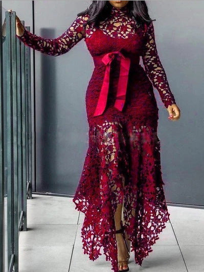 Women Clothing Wish Lace Hollow Out Cutout out Long Sleeve Stand-up Collar Tie 5 Colors Irregular Asymmetric Plus size by Ragazza