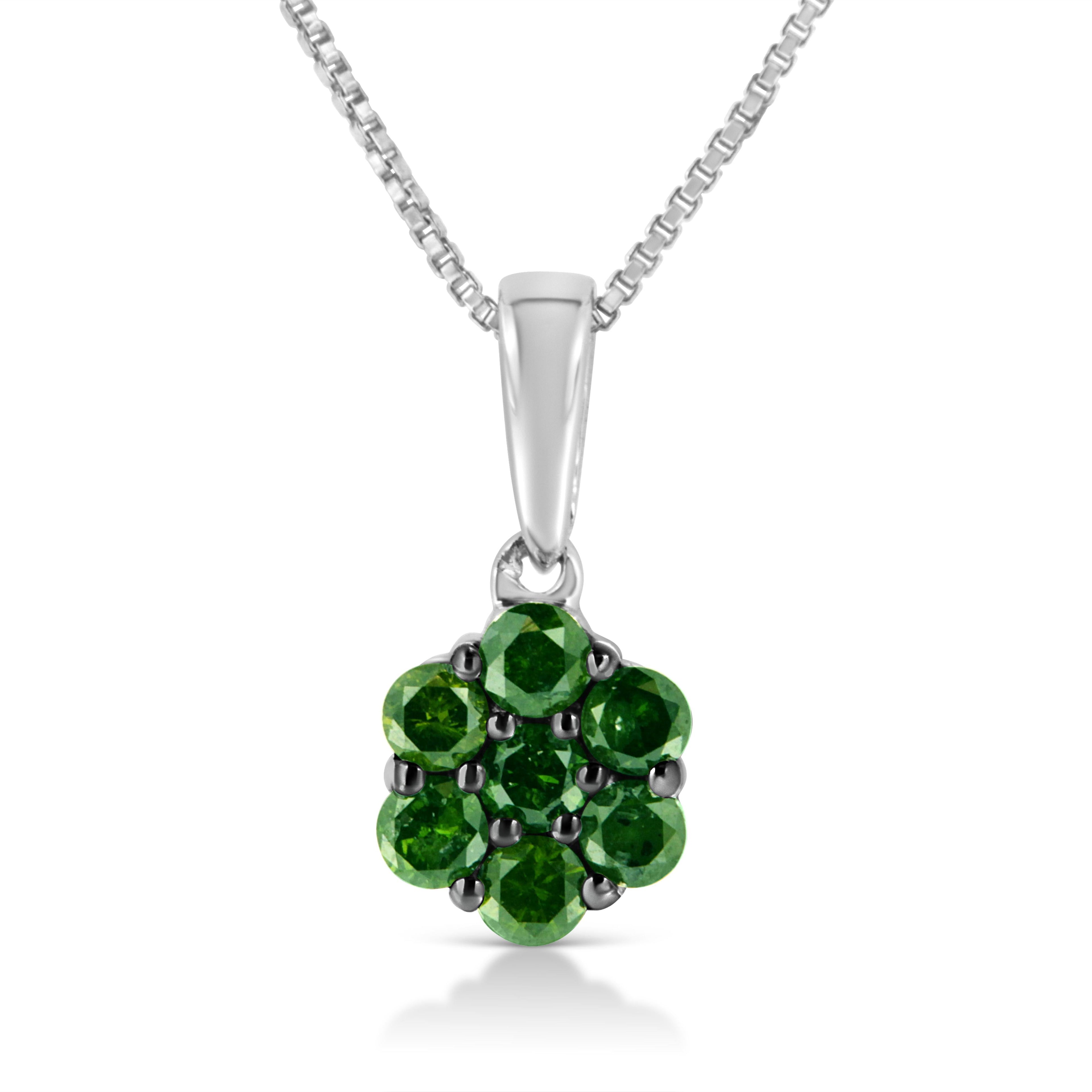 .925 Sterling Silver 1/2 Cttw Prong Set Treated Green Diamond Floral Cluster 18" Pendant Necklace (Green Color, I1-I2 Clarity) by Bids.com