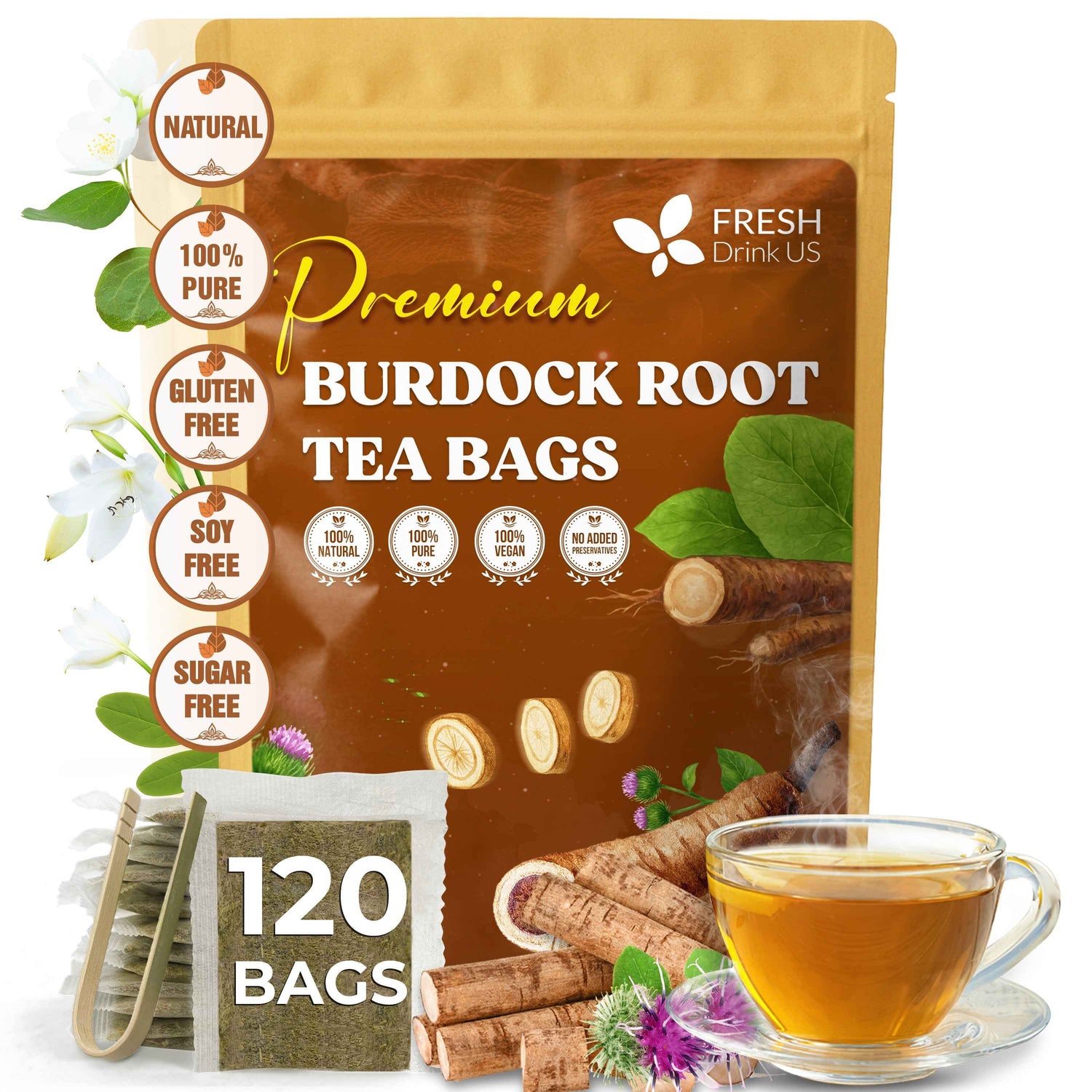 Burdock Root Tea Bags, 100% Natural &amp; Pure from Burdock Root. Burdock Root Herbal Tea. Burdock Root Tea. No Sugar, No Caffeine, No Gluten, Vegan.
