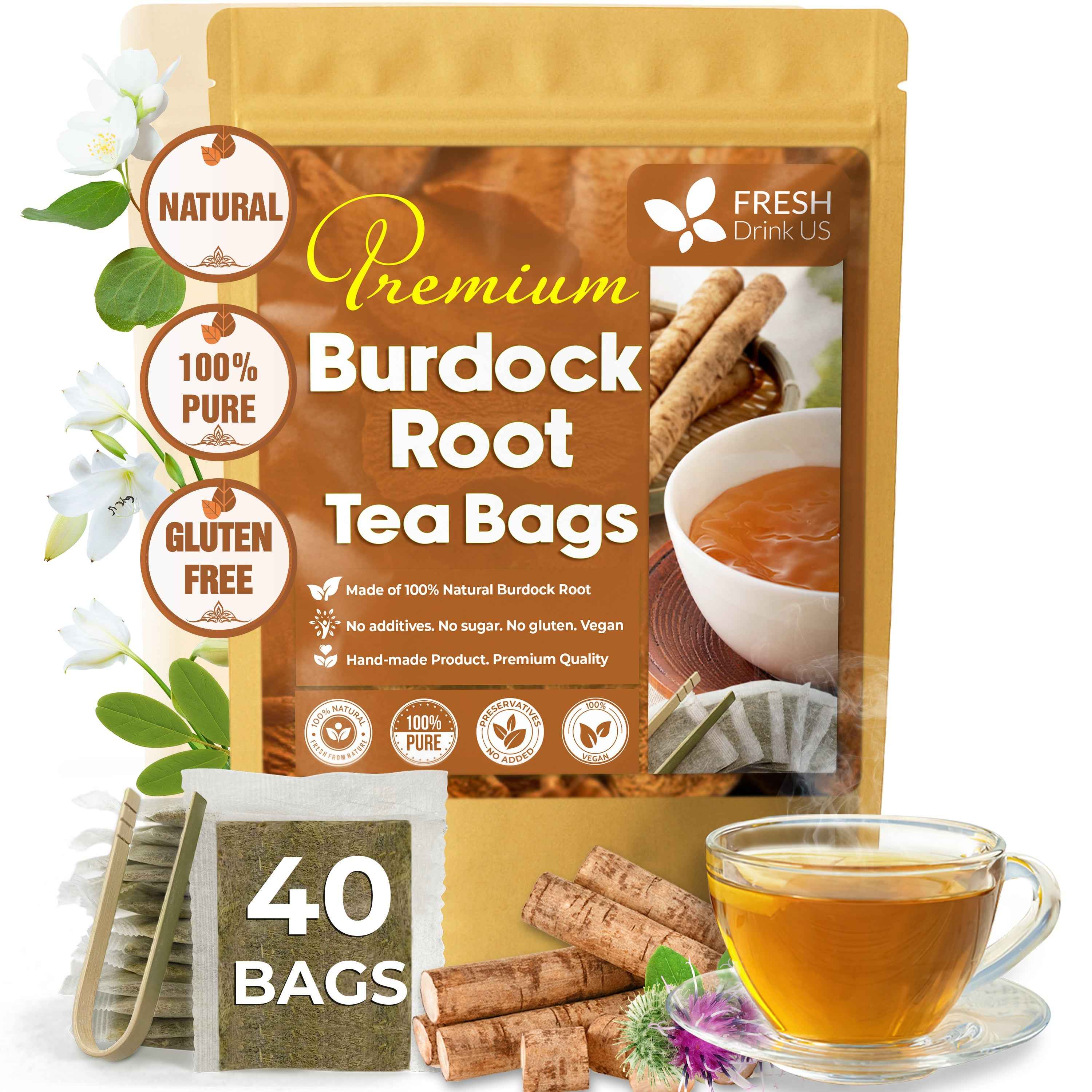 Burdock Root Tea Bags, 100% Natural &amp; Pure from Burdock Root. Burdock Root Herbal Tea. Burdock Root Tea. No Sugar, No Caffeine, No Gluten, Vegan.