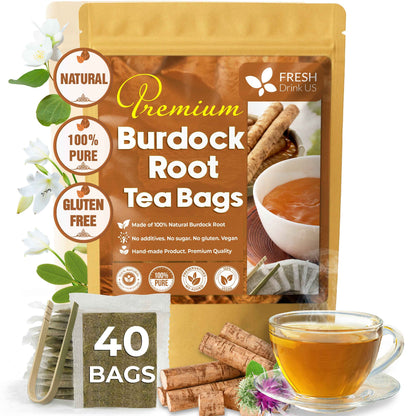 Burdock Root Tea Bags, 100% Natural &amp; Pure from Burdock Root. Burdock Root Herbal Tea. Burdock Root Tea. No Sugar, No Caffeine, No Gluten, Vegan.