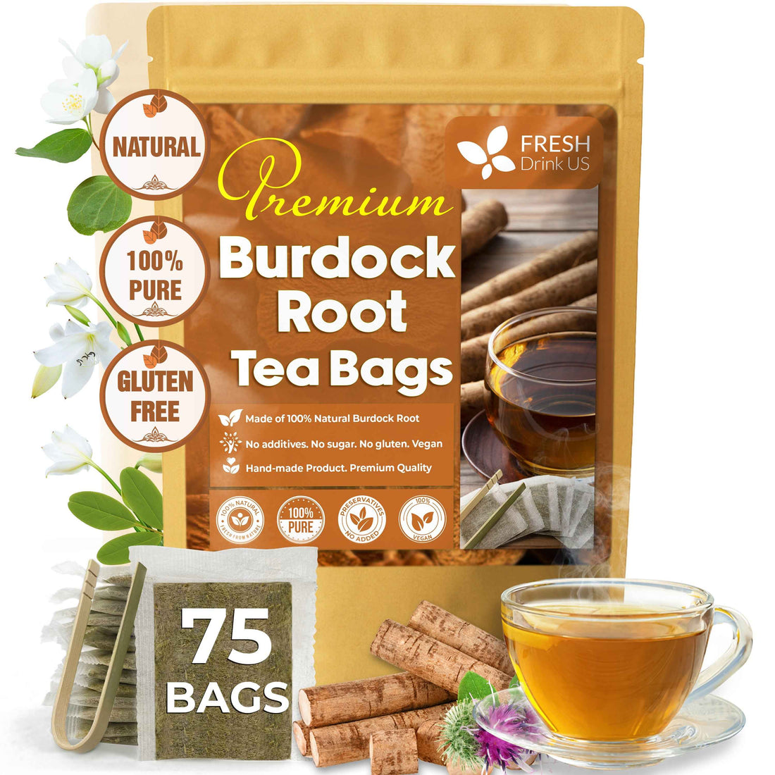 Burdock Root Tea Bags, 100% Natural &amp; Pure from Burdock Root. Burdock Root Herbal Tea. Burdock Root Tea. No Sugar, No Caffeine, No Gluten, Vegan.