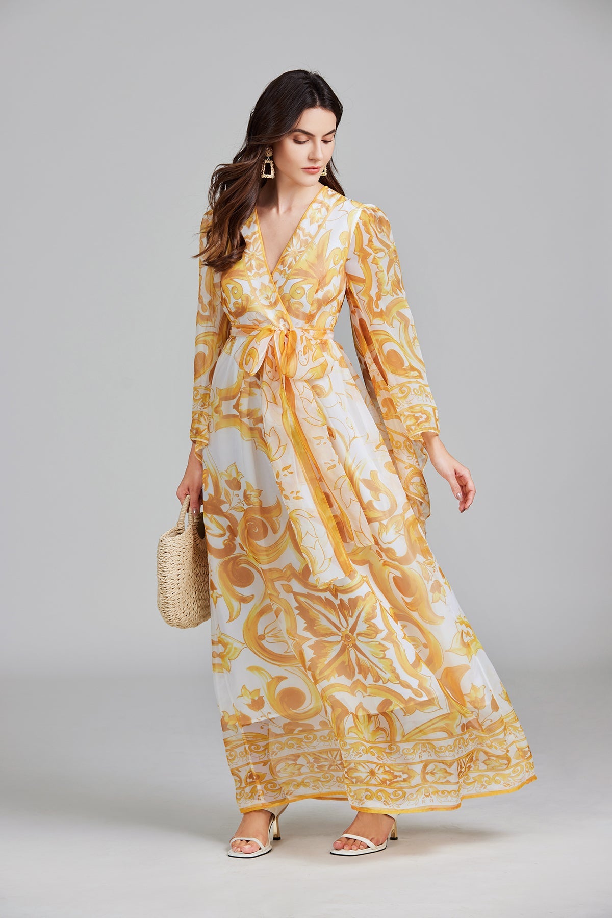 Women Spring And Autumn Belt Printed Long Dress by Ragazza