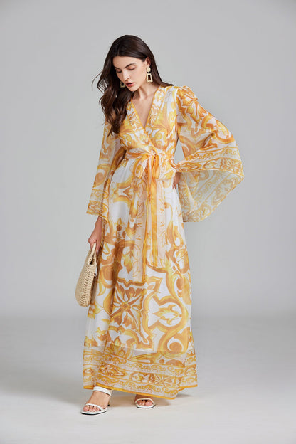 Women Spring And Autumn Belt Printed Long Dress by Ragazza