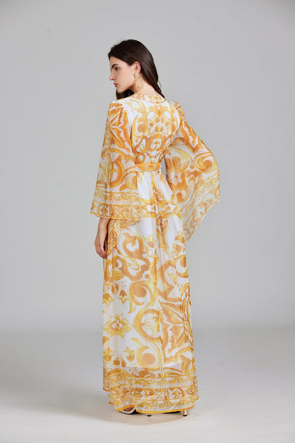 Women Spring And Autumn Belt Printed Long Dress by Ragazza