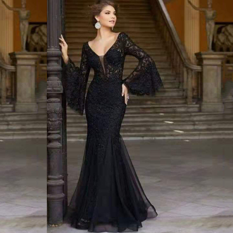 Arrival Women Clothing Dress Lace Embroidered Fishtail Black Slim Fit Evening Dress by Ragazza