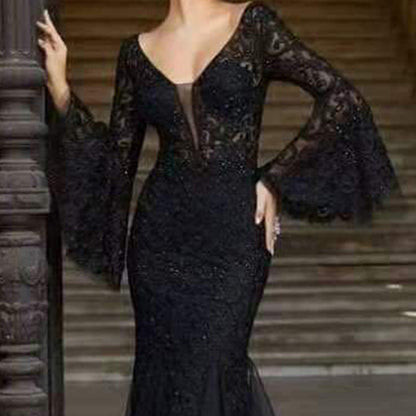 Arrival Women Clothing Dress Lace Embroidered Fishtail Black Slim Fit Evening Dress by Ragazza