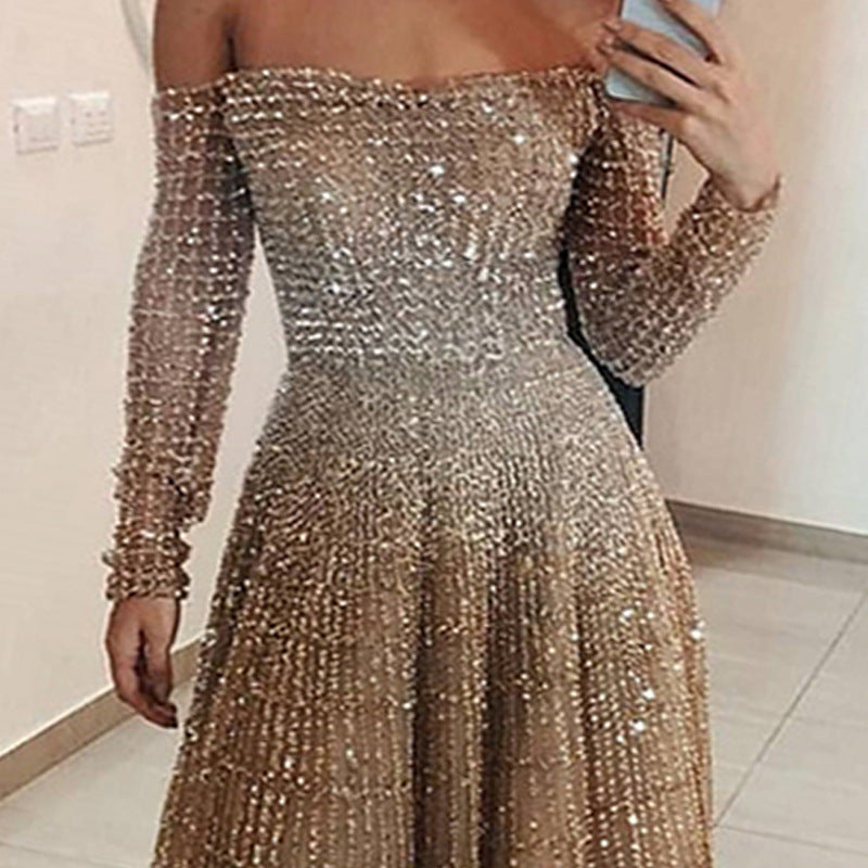 Long Autumn Winter Shiny off Shoulder Long Sleeve Tube Top Dress by Ragazza