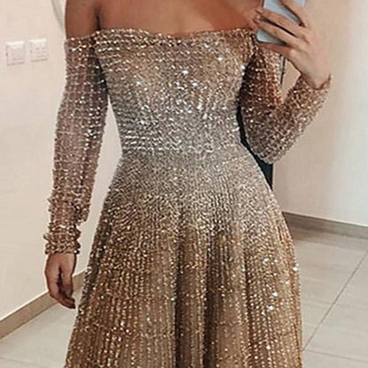 Long Autumn Winter Shiny off Shoulder Long Sleeve Tube Top Dress by Ragazza