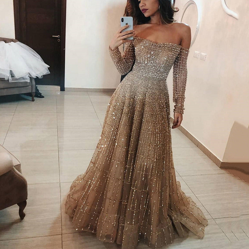 Long Autumn Winter Shiny off Shoulder Long Sleeve Tube Top Dress by Ragazza
