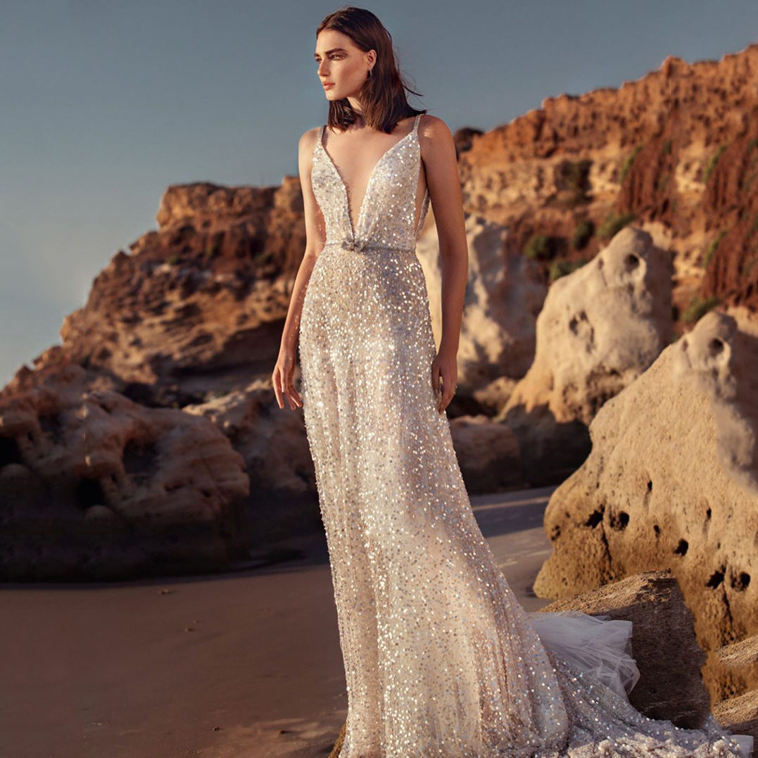 Summer Women Dress V neck Sleeveless Waist Tight Silver Paillette Camisole Gown by Ragazza