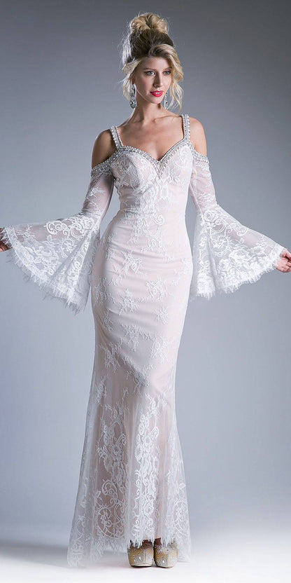 Cinderella Divine 13112 Cold Shoulder Long Sheath Dress Trumpet Bell Sleeves by DiscountDressShop