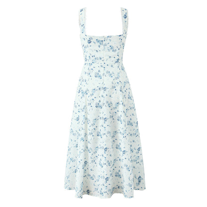 Spring Floral Print Lace Trim High Waist Slim Mid Length Sling Dress by Ragazza