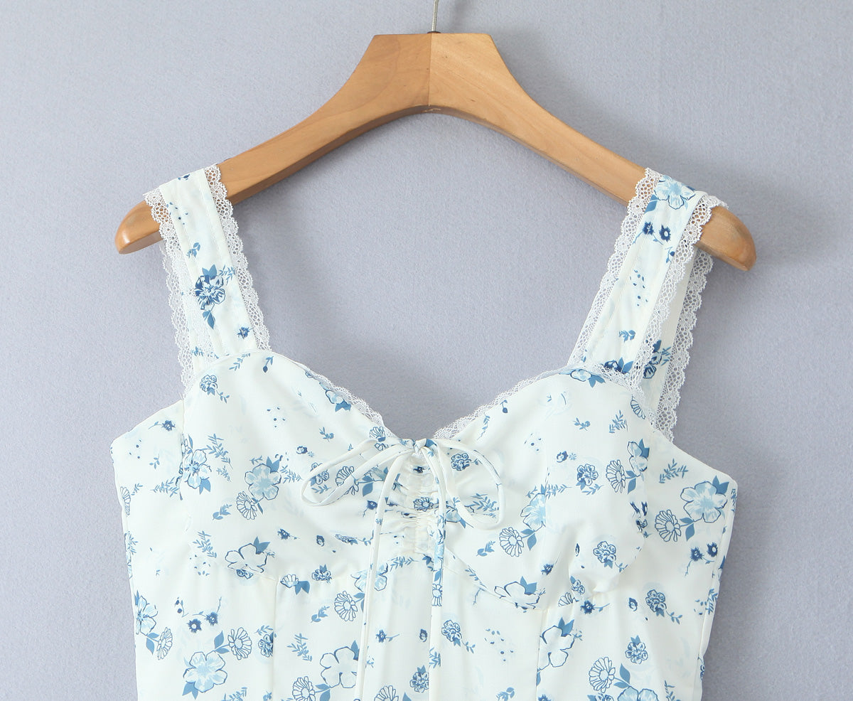 Spring Floral Print Lace Trim High Waist Slim Mid Length Sling Dress by Ragazza