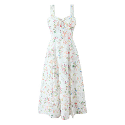 Spring Floral Print Lace Trim High Waist Slim Mid Length Sling Dress by Ragazza