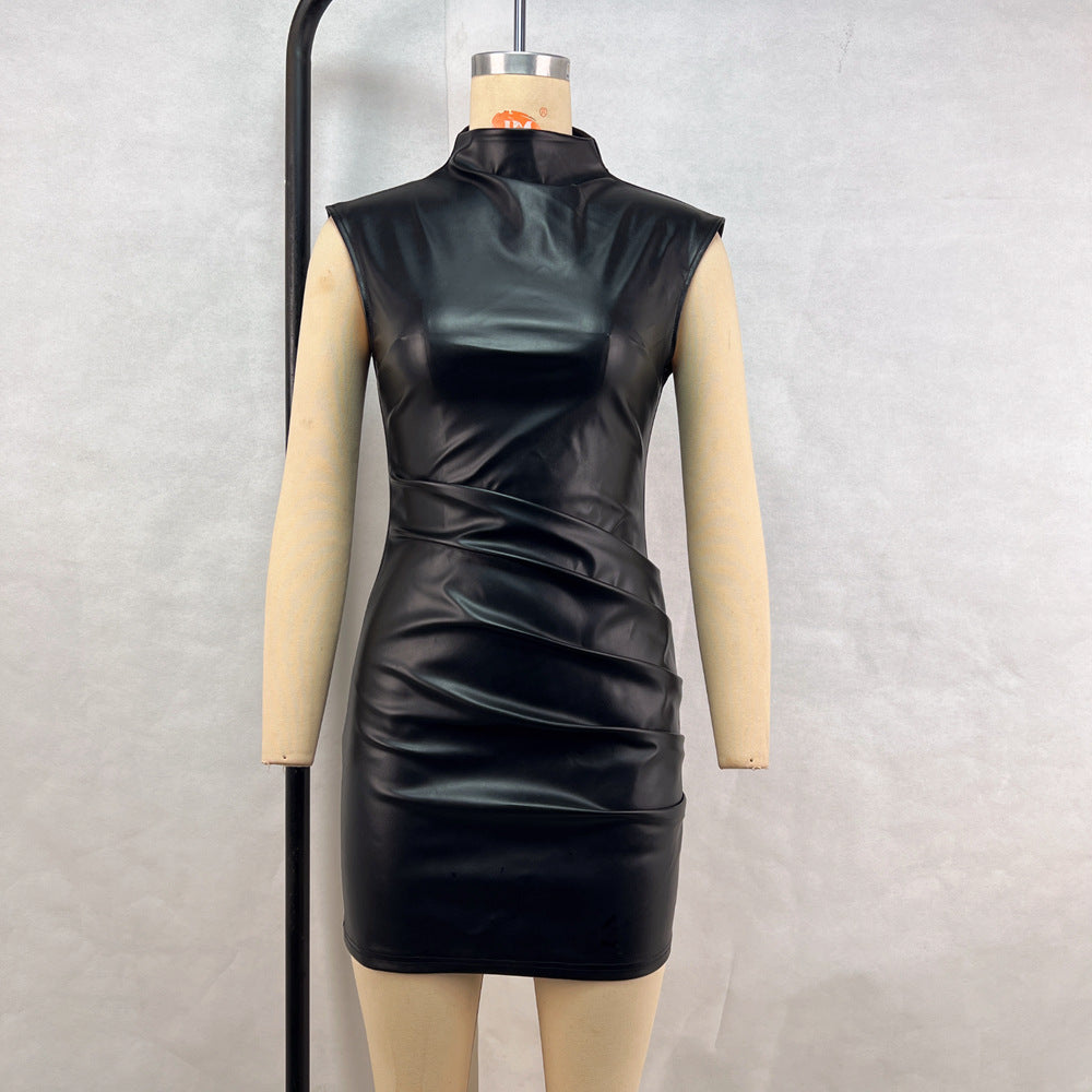 Women Clothing Street Hipster Faux Leather Stand Collar Sleeveless Oversleeve Sheath Pleated Dress by Ragazza