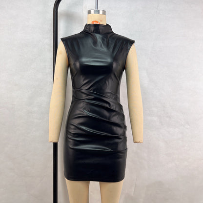 Women Clothing Street Hipster Faux Leather Stand Collar Sleeveless Oversleeve Sheath Pleated Dress by Ragazza